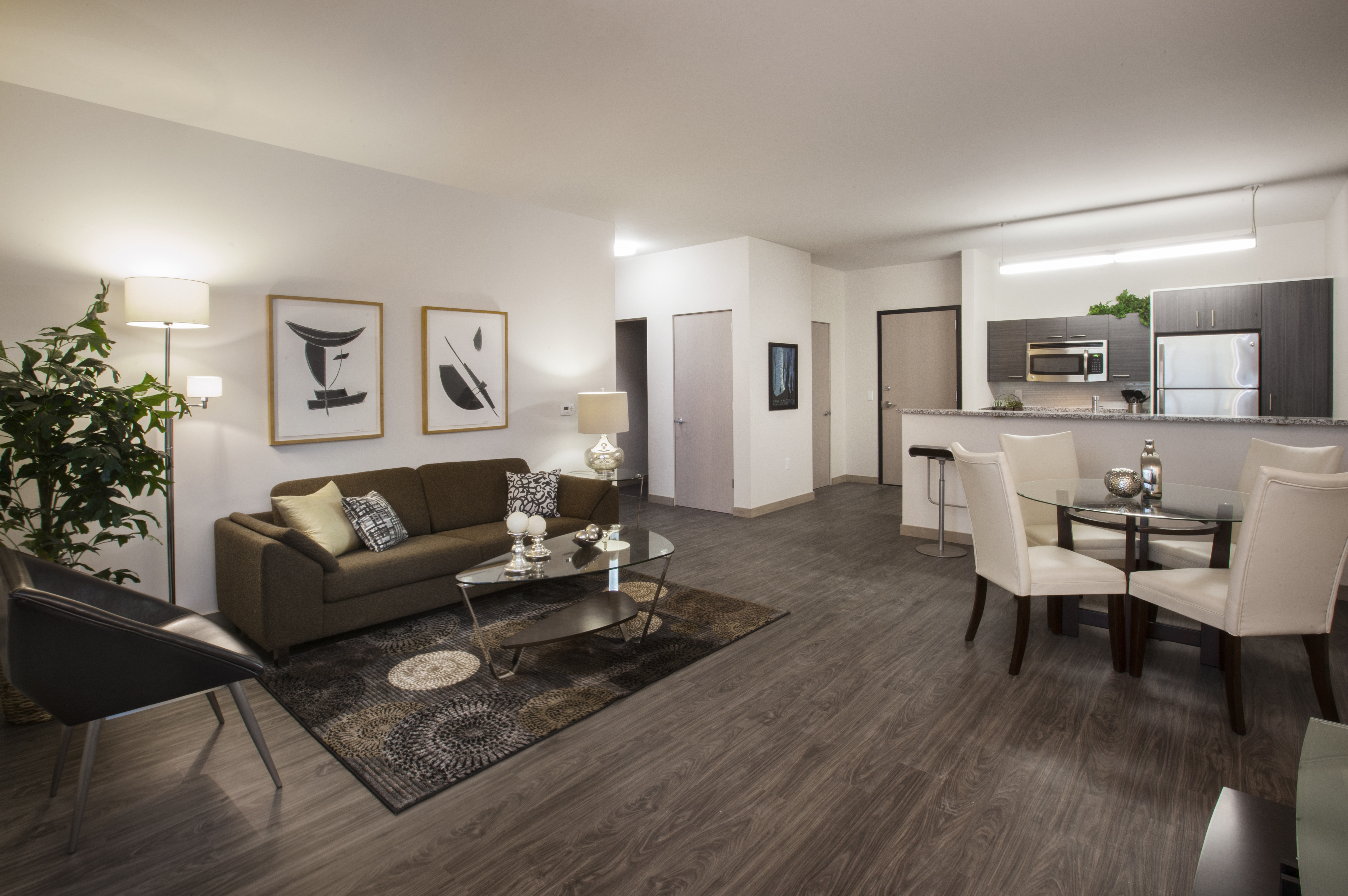 Open concept apartment with dark brown flooring, white walls and view into the kitchen from the living room