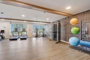 A modern gym with treadmills, elliptical machines, a multi-use cable machine, and exercise balls on the wall. The architecture features large windows in the background that let in natural light.