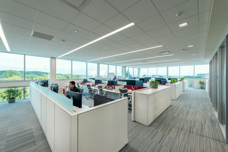 A spacious, modern office with large windows letting in natural light. The room features several workstations with computers, a few employees working, and various office plants. White partitions and cabinets create a clean and organized environment.