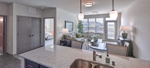 A modern, open-plan apartment living area with a kitchen island in the foreground. The living room features a sofa, chairs, a lamp, and a large window. A bedroom is visible through an open door. Light fixtures hang from the ceiling. Decor includes plants and a table lamp.