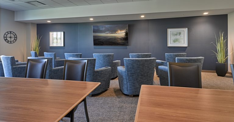 Theater room with blue armchairs arranged in rows facing a large wall-mounted TV. The dark blue accent wall displays framed art, while tall potted plants flank the setup. Light wood tables and black chairs are in the foreground.