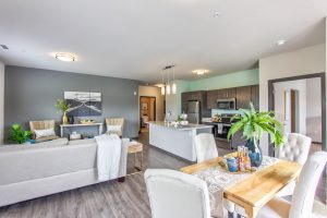 Open concept apartment with living area, dinning and kitchen, wood gray flooring, and gray and light green accent walls