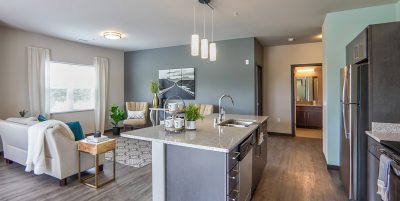 Open concept apartment view from the kitchen overlooking the living room with wood gray flooring, gray and light green accent walls