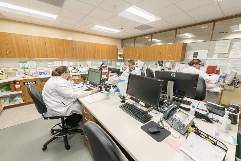 Three laboratory workers in white coats are diligently working at their desks filled with computers, monitors, and lab equipment. The workspace has wooden cabinets and bright lighting. One worker is on the phone, another writes notes, and a third examines samples.