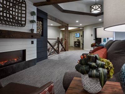 Lounge area of senior living facility with horizontal white shiplap