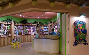 Pet store with colorful pet items and a cash register