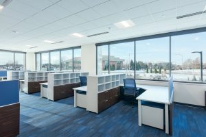 A modern office space with large windows allowing natural light to illuminate the room. The office features rows of desks with blue chairs and white shelving. Outside the windows, a landscape of trees and buildings can be seen. The flooring is blue carpet.