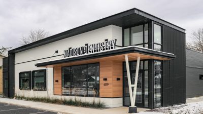 Exterior of Dental office with close up view of entrance