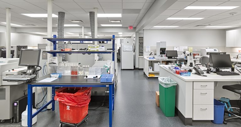 A clean, organized laboratory with various workstations. The lab features computers, lab equipment, containers, and shelves with supplies. There are red and green waste bins under the desks. The space is well-lit with fluorescent lights and has a modern appearance.