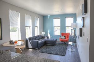 Living room of apartment with light blue accent wall, windows, dark wood floors, a couch and bright orange chair with gray rug