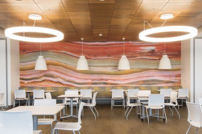 A modern cafeteria with white tables and chairs, featuring a large, colorful mural of layered earth tones on the wall. Circular ceiling lights hang above, and the floor is a light wood finish.