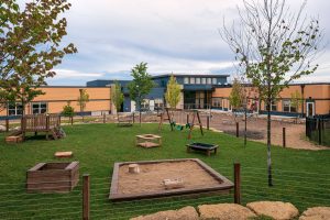 A playground area with various equipment including swings, a slide, and sandbox areas, set on a grassy and sandy field. The background features a modern, single-story building with large windows and a mix of blue and beige exterior panels. Trees are scattered around.