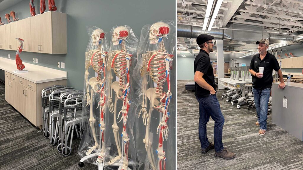 Interior of college with skeletons and two iconica employees talking