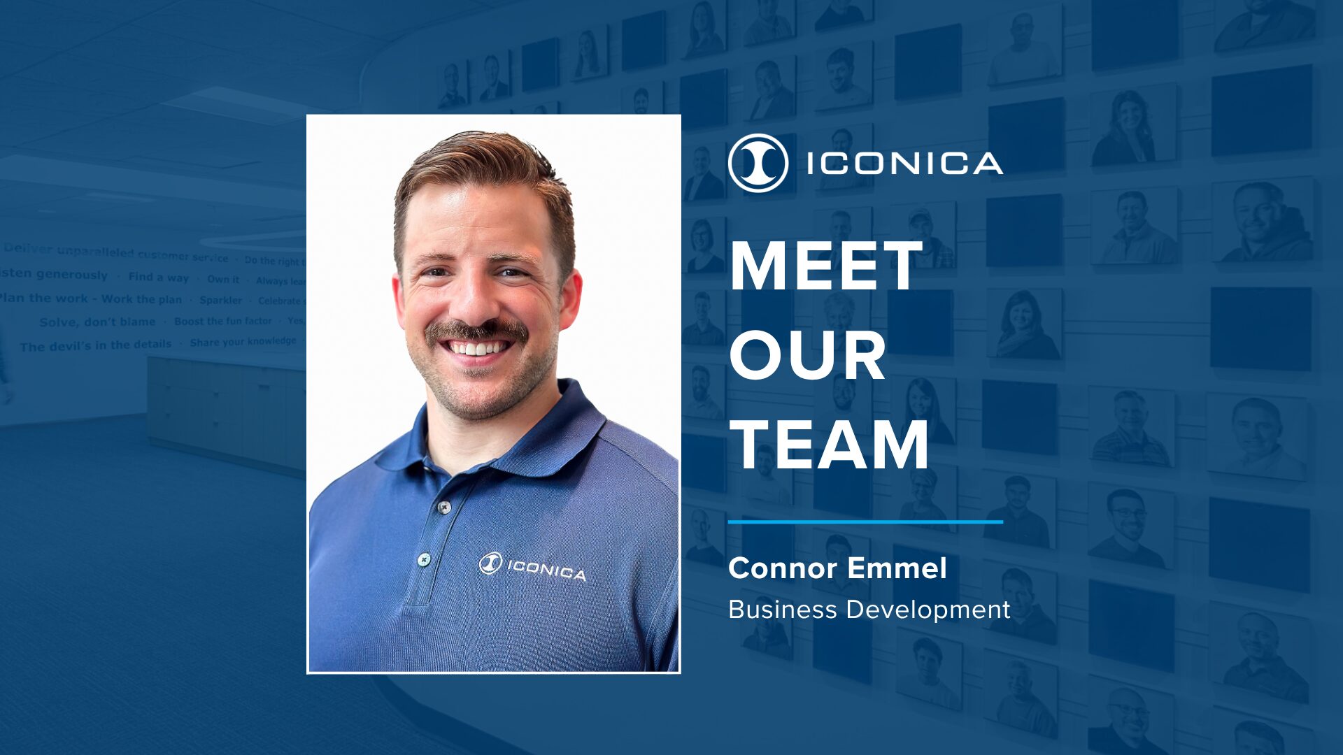 Meet Our Team graphic featuring Connor Emmel from Business Development