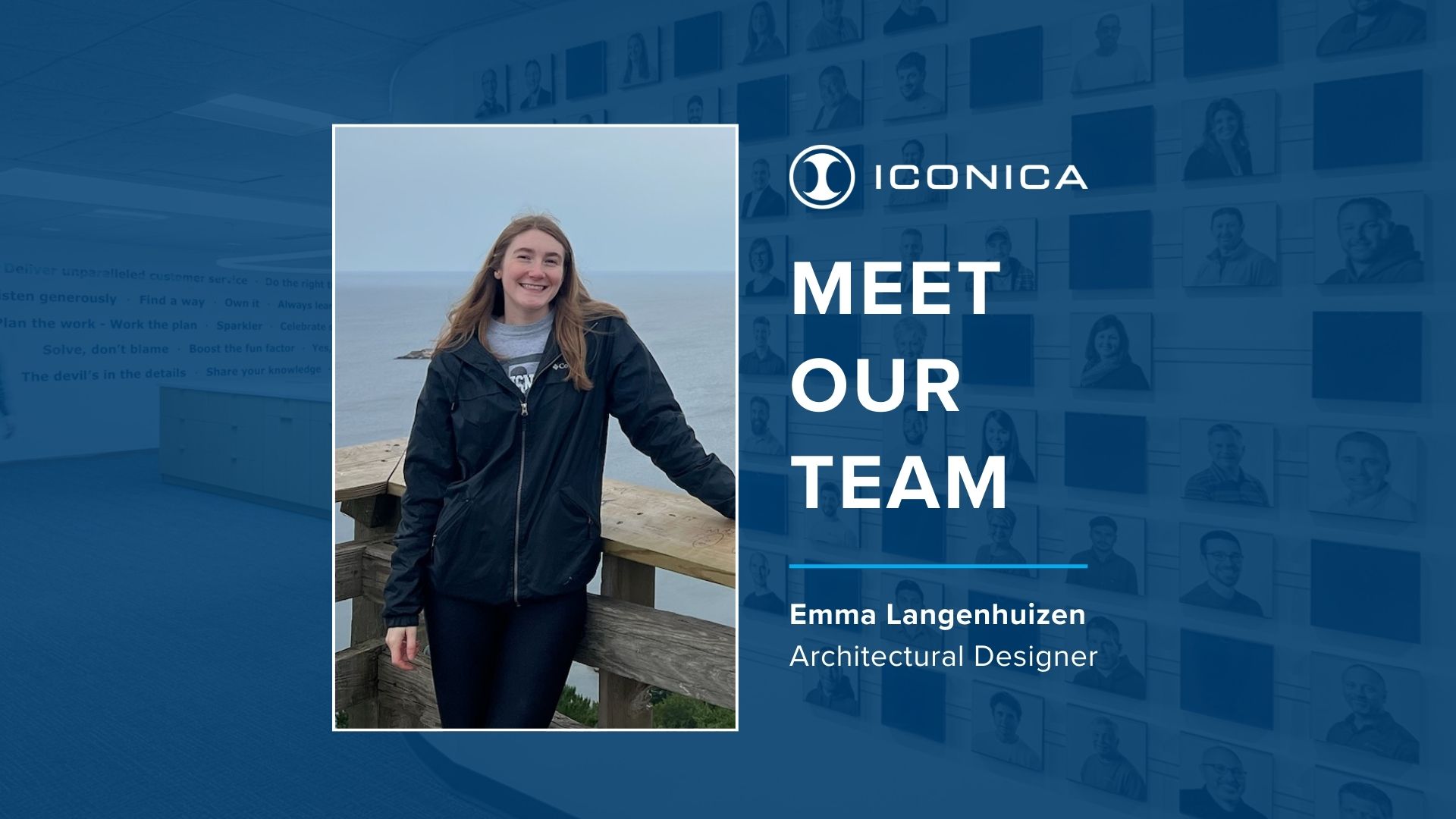 Iconica “Meet Our Team” graphic featuring a photo of Emma Langenhuizen smiling by a lakeside railing; text reads Meet Our Team” and “Emma Langenhuizen, Architectural Designer.
