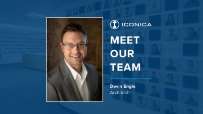 Iconica Meet Our Team Graphic Featuring A Headshot Photo Of Devin Engle; Text Reads Meet Our Team” And Devin Engle, Architect