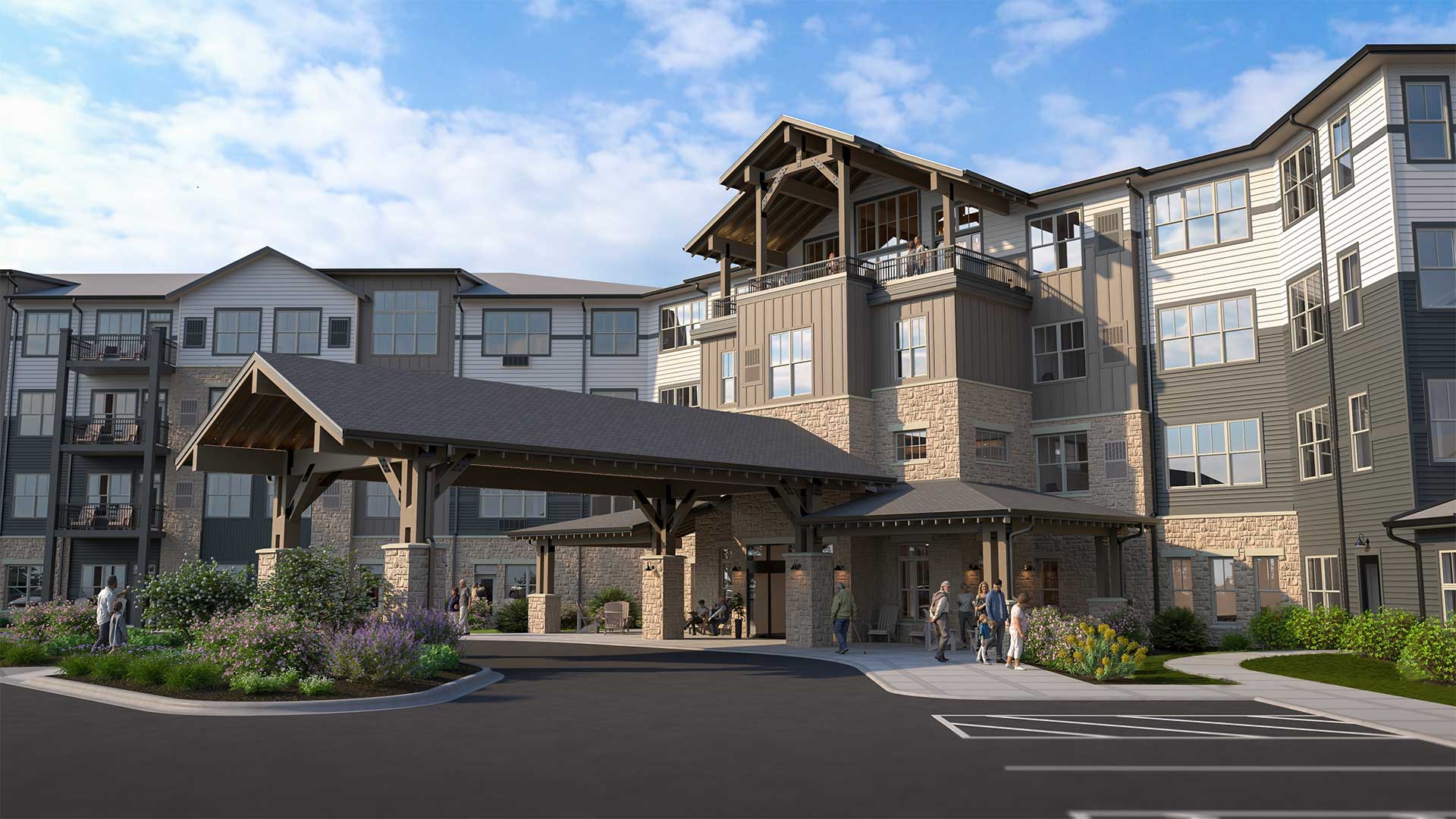 Rendering of LilyRose senior living's covered main entrance with craftsman-style timber details, stone accents, and residents gathered near the welcoming entryway.