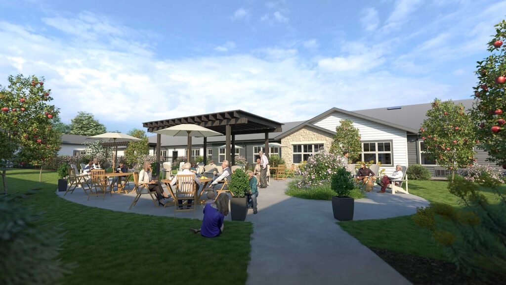 Rendering of LilyRose senior living's courtyard patio with a timber pergola, outdoor seating, flowering gardens, and apple trees framing the gathering space.