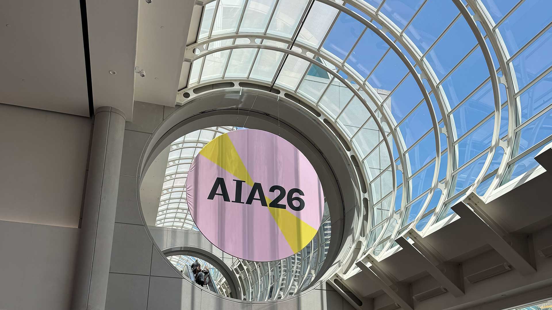 AIA26 conference signage displayed inside the San Diego Convention Center during the AIA Conference on Architecture & Design 2026.