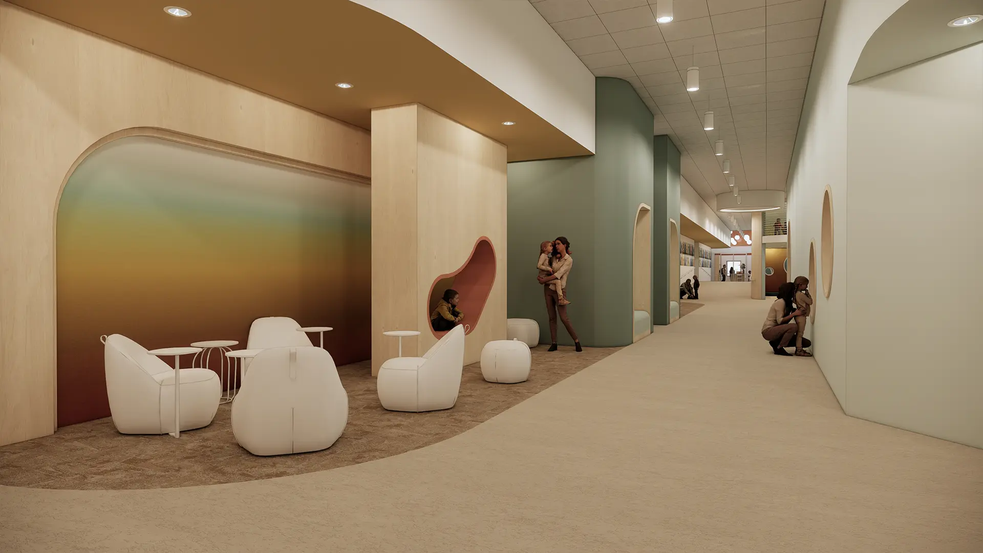 MSCR West double-height play area and mural walkway design rendering, Madison WI