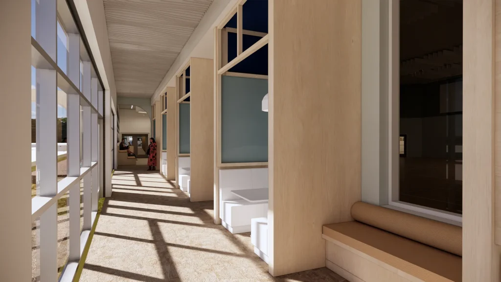 MSCR West sunlit corridor and lounge seating design rendering, Madison WI
