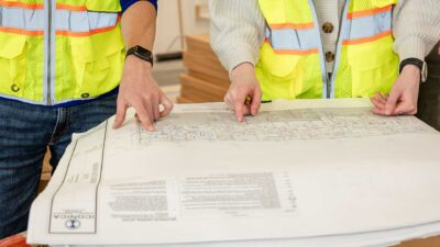 Iconica Employees Reviewing Iconica Plans On A Table Top At A Construction Jobsite