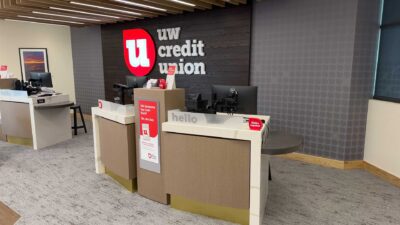 Updated Teller Stations And UW Credit Union Signage Inside The Remodeled Middleton Hills Branch.